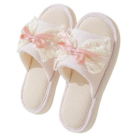 conrtems Lace bow linen slippers, indoor slippers, simple ladies slippers (Pink, Adult, Women, 5, Numeric Range, US Footwear Size System, 6, Medium) Cover