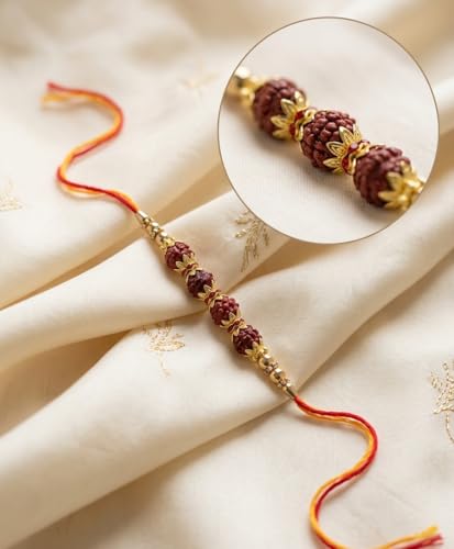 Image of Elegant Rudraksha Rakhi for Bhaiya with Roli Chawal, Traditional Spiritual Rudrakasha Beads Red and Yellow Thread Raksha Bandhan Rakhi Gift for Brother