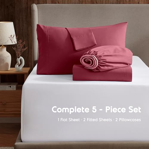 Image of Nestl Split King Bed Sheet Set - Burgundy Red - 5-Piece Deep Pocket | Instantly Soft, Night-One Ready (No Wash Required). Fits 16-Inch Deep Pockets, 360-Degree Elastic Grip