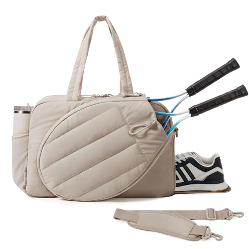 KINDLUME Badminton Tasche, Sporttasche Damen Große Kapazität Und Mehrere Fächer, Leichte Und Stylische Puffer Tasche Damen, für Fitness Badminton Kurzreisen, Täglichen Pendelverkehr In Camel Farbe
