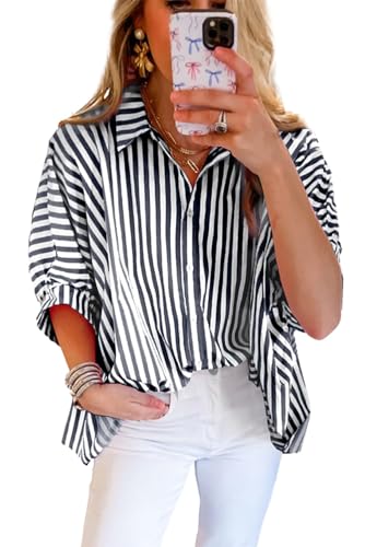 Women 2025 Summer Stripe Dolman Sleeve V Neck Oversize Shirt Tops Casual Button Up Short Sleeve Striped Blouse