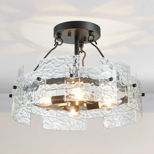 XINGQI Black Ceiling 4-Light Modern Farmhouse Water Ripple Glass Ceiling