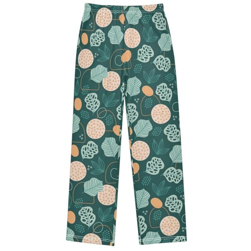 Boy's Pj Pants Leaf Lines Circle Dots Dark Green Lounge Bottoms Elastic Waist Kids Joggers with Pockets Size 6-14