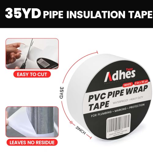 Image of ADHES PVC Pipe Wrap Tape, 2 Inch X 35 Yds, Corrosion Protection Pipe Tape, Weatherproof PVC Tape for Drain Pipe, Metal & Electrical Piping, Underground Pipe, White