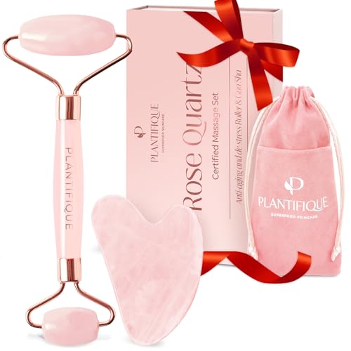 PLANTIFIQUE Rullo Viso di Quarzo Rosa e Gua Sha | Roller e Guasha Pietra Massaggiatore Antirughe | Kit Skincare Face Roll Massager | Idea Regalo Completo Facciale Corpo Piedi Massaggio Originale