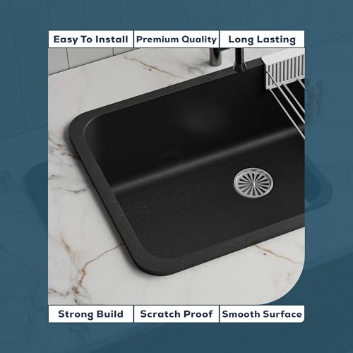 Image of REMOTION Granite Quartz Singke Bowl Kitchen SInk | Matte Finish Kitchen Sink With Drain Board and Drainer Basket | Modern Sink for Kitchen (31 x 19 x 9 Inch) (Black)