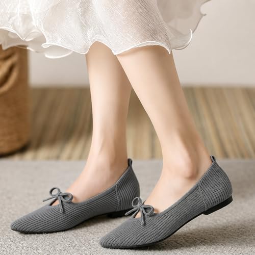 Image of TINGRISE Women's Pointed Toe Flats Comfortable Knit Ballet Shoes Washable Dressy with Bow Business Casual Work Shoes