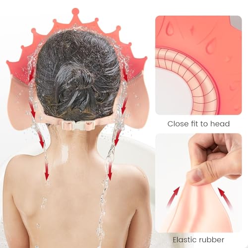 Image of FUNUPUP Baby Shower Cap for Kids, Baby Bath Shampoo Visor Cap Hair Washing Shield Adjustable, Pink Crown