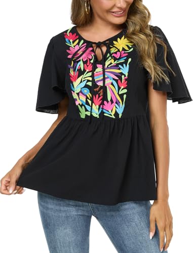 Image of Mexican Shirts Peasant Blouses for Women Cotton Embroidered Blouses Fiesta Summer Bohemian Shirts 3 /4 Sleeves