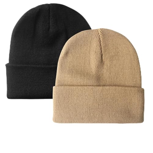 NPQQUAN 2 Packs Unisex Beanie Hats for Men Women Winter Knit Beanies Black+Khaki