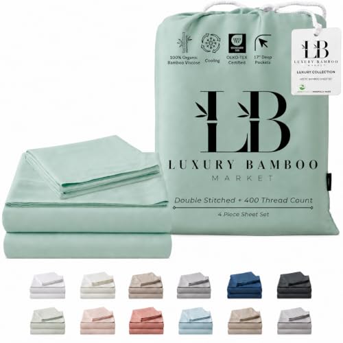 Image of Split King Size Sheet Set | 2 Fitted Sheets for Sleep Number & Adjustable Beds | Organically Grown | Ultra Soft & Cooling |100% Viscose | 17 inch Deep Pocket [Coastal Green]