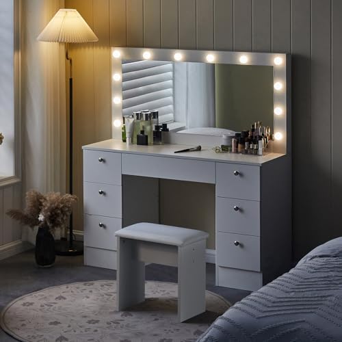 CLIPOP Dressing Table with Large Mirror and 12 LED Hollywood Ligh...