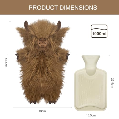 Wärmflasche mit Bezug 1L, Tier Wärmflasche Kinder, Gummi Wärmflaschen mit Kuschelig Bezug, Plüsch Wärmflaschen Ochse für Bauch Hand Fuß Körper Warmhalten, Hot Water Bottle Zur Reinigung Abnehmbar