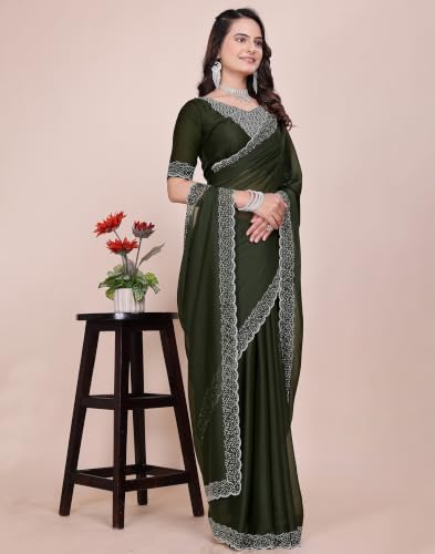 Image of SIRIL Women's Georgette Hot Fixing Stone Work Saree with Unstitched Blouse Piece