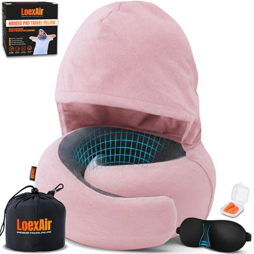 Hooded Pro Travel Pillow - Memory Foam Neck Support Pillow with Hood for Airplane, Flight - 100% Cotton Fabric, Maximum Privacy & Light-Block Design,