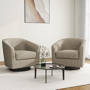 Swivel Barrel Accent Chair, Comfy Reading Armchair, Light Brown, Set of 2 | Club Chairs for Adults, Low-Back Design, Modern Round Style, Solid Wood Frame & Metal Swivel Base, For Living Room & Bedroom