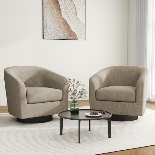 Swivel Barrel Accent Chair, Modern Round Linen Arm Chair for Living Room, Bedroom, Comfy Club Reading Chairs for Adults（Linen Fabric, Light Brown, Set of 2