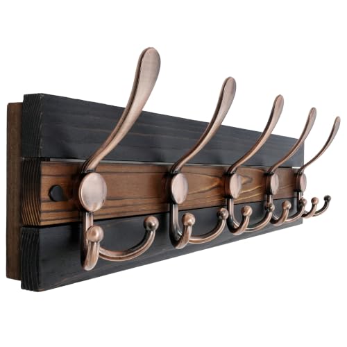 Image of SKOLOO Rustic Wall Mounted Coat Rack - 17 inch Long Coat Hooks for Wall with 5 Triple Hooks for Hanging Coats, Hats or Tools - Kitchen, Mudroom, Entryway, Bathroom, Wood Brown & Antique