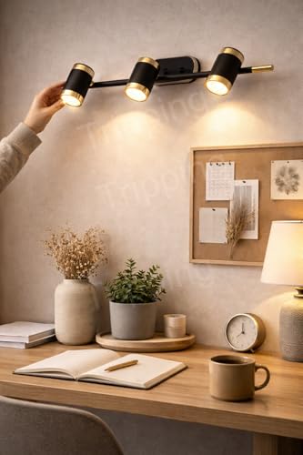 Image of TRIPPING 17watt LX087 Warm White Light Color Adjustable 3-Head LED Wall Lamp - Black & Gold Metal Body Focus Spot Light for Dressing Table, Mirror & Accent Walls (50x15x7 cm)