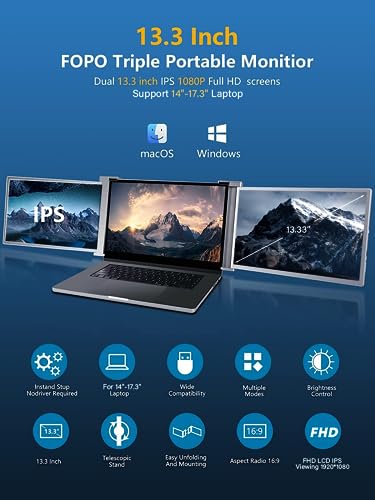 Fopo 13.3" Triple Laptop Screen Extender Fhd 1080P Ips Triple Portable Monitor For 14"-17.3" Laptop, Triple Screen For Dual Screen Display, With Hdmi/Usb-C -S16 #TOP1