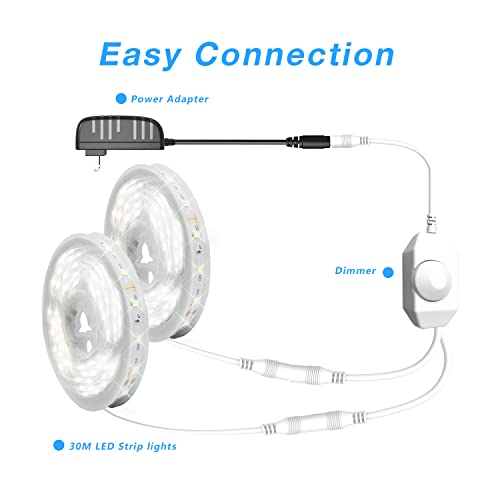 Image of DAYBETTER White LED Strip Light, 100 ft Dimmable Strip, 6500K 24V Lighting Strips, 1800 LEDs 2835 Tape Lights for Bedroom, Kitchen, Mirror, Home Decoration(2 Rolls of 50 ft)
