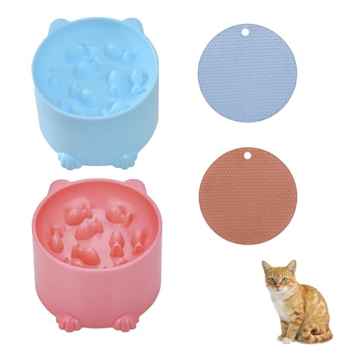 2Pcs Raised Slow Feeder Cat Bowls with Anti-Skid Mat Raised Cat Bowls for Neck Support Elevated Pet Food Dishes for Pets Cats Dry Wet Food(Blue Pink)