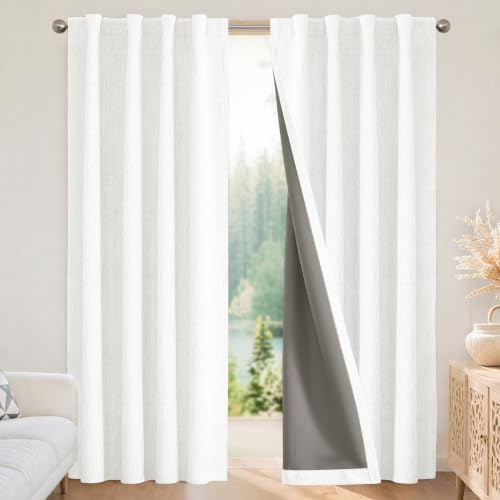 Image of Joydeco Blackout Curtains for Bedroom - 100% Light Blocking 2 Panels Set Ivory Drapes 37 inch W x 63 inch L, Thermal Insulated Room Darkening Curtains, Linen Textured for Living Room, Rod Pocket & Back Tabs