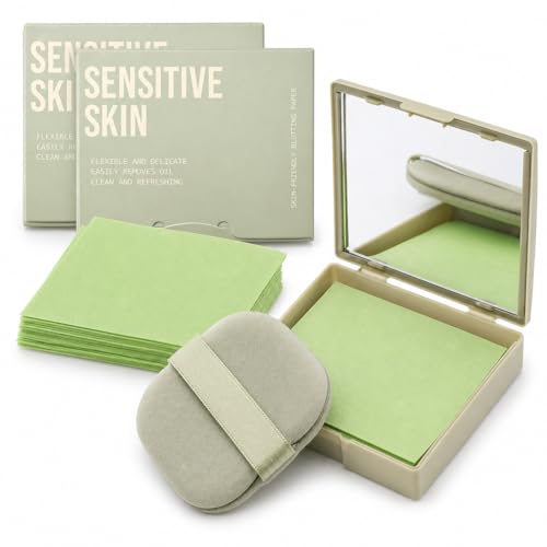 300-Sheet Oil Blotting Paper for Face - Portable Puff & Mirror with Blotting Papers for Oily Skin and Makeup - Facial Oil Absorbing Sheets for Shine Control and Grease Removal