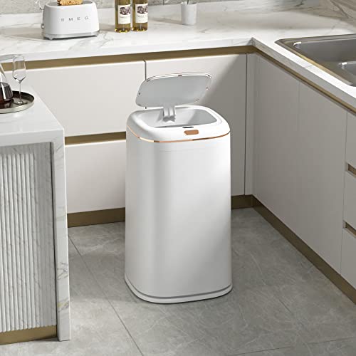 Image of Sooyee 40L Automatic Trash Can with Lid, 10.5 Gallon Smart Motion Sensor Trash Can for Bedroom, Bathroom, Kitchen, Office, White with Gold Border, 3 Opening Modes