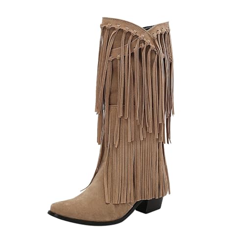 Womens Fringe Western Boots Fashion Square Toe Chunky Low Heel Heel Knee High Cowboy Tassel Boots