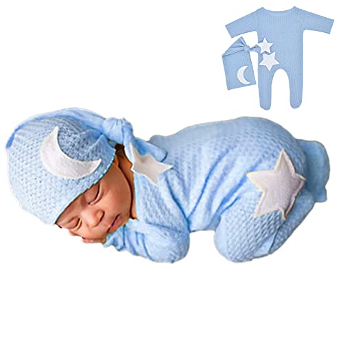 Winmany Trajes de fotografía de punto de ganchillo para bebé, 2 piezas recién nacidos foto Prop mameluco sombreros traje accesorios para bebés (azul celeste)