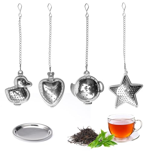 4 Pièces Filtre à Thé à Mailles Fines Avec Chaîne, Filtre Thé Inox Avec Plateaux, Boule à Thé Originale Réutilisable, Boule Infuseur de Thé Inox,...