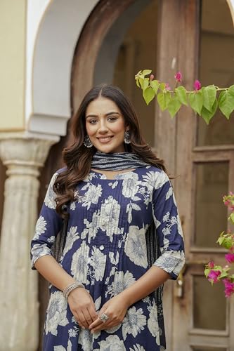 Image of NIVANA Floral Printed Kurta with Pant & Stripe Printed Dupatta | 3 /4 Sleeves | Round Notch Neck Button Detail