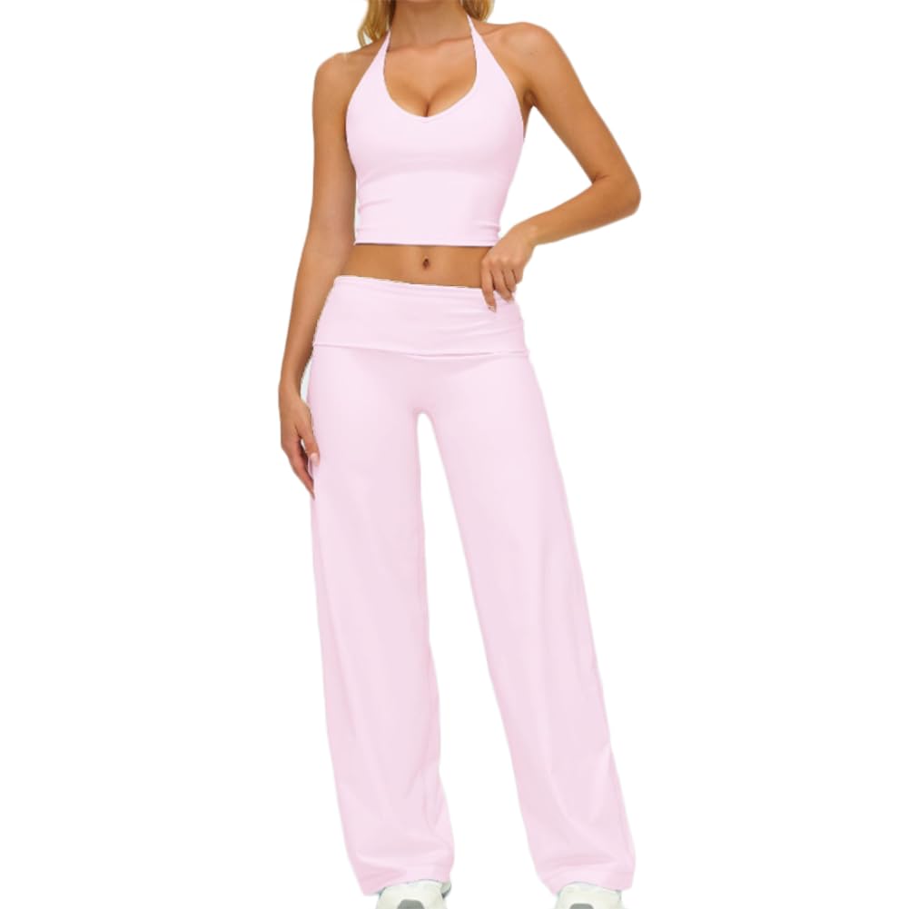 JPXJGT Women's 2pcs Lounge Set Gym Crop Top Flared Yoga Pants Workout Leggings Yoga Sweatsuit Casual Outfits Set(Size:XL,Color:Pink)