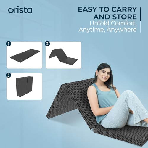 Image of Orista Tri-Fold Foldable Orthopedic Foam Mattress Single Bed | 75x30x2.5 Inch | Compact & Portable, 3-Fold Design | Perfect for Floor Sleeping, Guests, and Travel | Black Jacquard