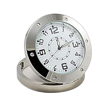 Hamtone Steel Round Table Clock Wired Audio Video Recording Camera- Silver