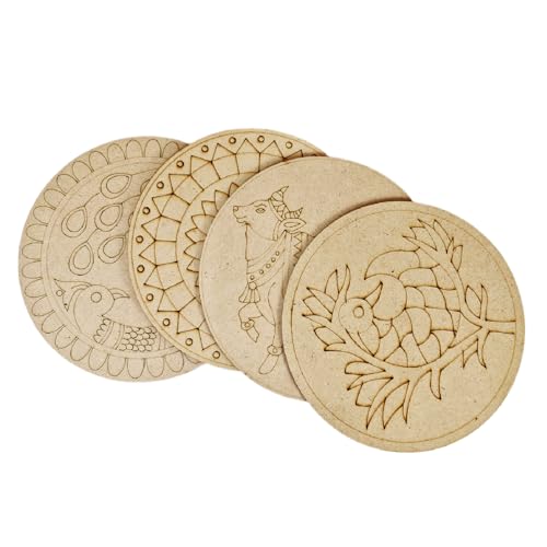 Image of Lippan Art Mandala Art Materials Diy Kit With Four Designs Premarked Mdf Board (4 Pcs Premarked Art Board, Diwali Decoration For Home Decor Engraved Painting MDF Base for DIY Decorations, Festival Gift, Wedding Decorations 8. inch