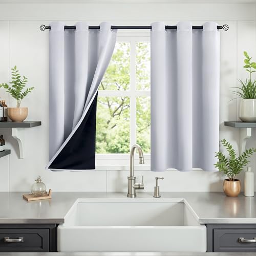 Image of YoungsTex Short Black Out Curtains 40 Inches Long for Bedroom, Silver White Thermal Insulated Blackout Drapes Room Darkening with Black Backing for Living Room Window, 2 Panels, 42 x 40 Inch