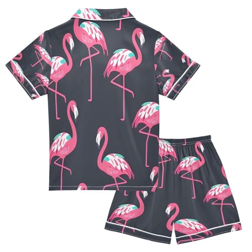senya Pajama Sets Silky Button Down Nightwear Sleepwear Size 5-14 Years Flamingo Black Background2
