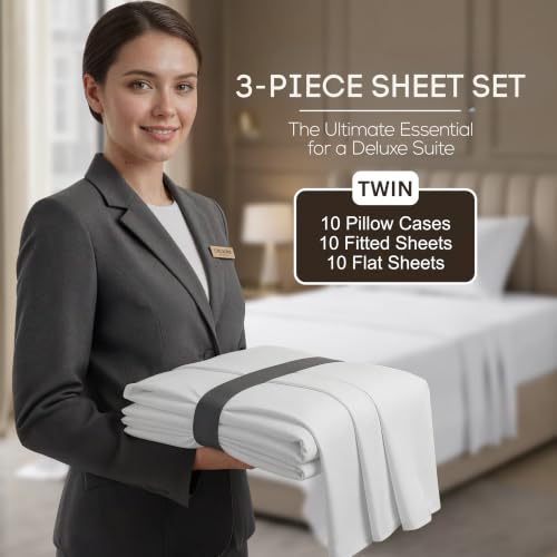 Image of 10-Pack Hotel Twin Sheet Set, Soft Brushed Microfiber Hotel Sheets, Hotel Quality Bedding, Deep Pocket, Shrink & Fade Resistant, Easy Care, White