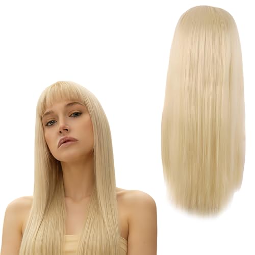 1Pc Straight Blonde Wig Long Blonde Wigs for Women 25.59inch/65cm Synthetic Long Straight Hair Wig with Flat Bangs Suitable for Daily Use or Cosplay Halloween Party