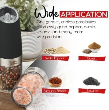 Miniatura 6 de Gravity - Juego de molinillo eléctrico de sal y pimienta, salero y pimentero de acero inoxidable, grosor ajustable, molinillos de sal y pimienta de