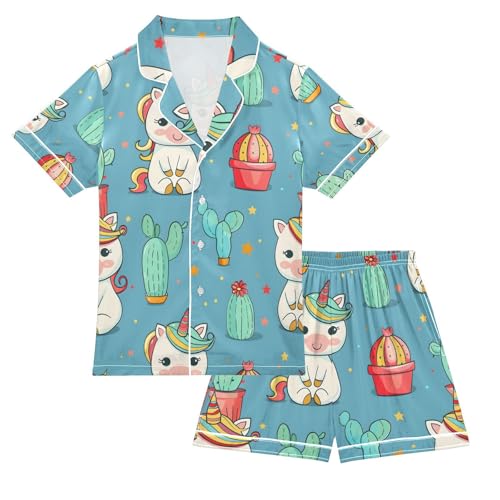 ALAZA Cute Unicorn Cactus Star Pajamas Satin Pajama Set Short Sleeve Button Down Sleepwear