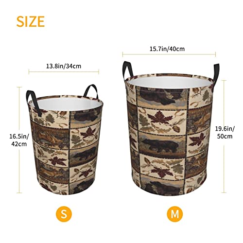 Natural Cabin Wild Lodge Moose Deer Bear Check Plaid Circular Hamper Waterproof Laundry Basket Handles Dirty Cloth Bags #TOP4
