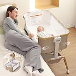 Baby Bassinet, Dortoir Rocking Bedside, Détachable & Basset portable avec 8-Level Hauteur, Mesh respirable, Panier de rangement & Jouet mobile rotatif pour nouveau-nés (Khaki)