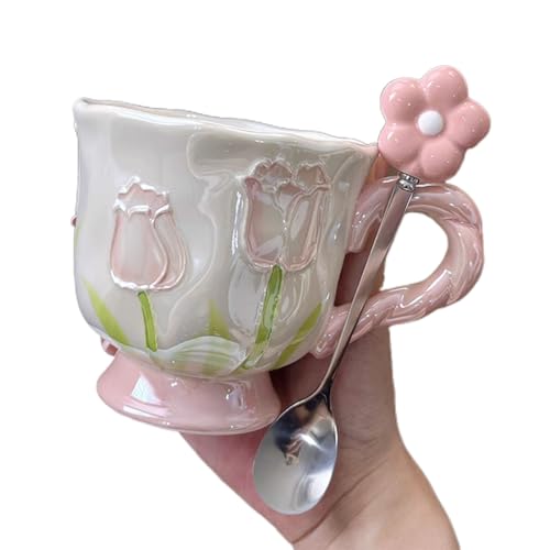 DTIUYIOP Large Ceramic Coffee Mug Pink Cute Flower,with and Spoon,Flower Mugs with Handle,Floral Girly Mugs,Breakfast Milk Oatmeal Cup,Girl Gift,14oz/410ml ，(Pink)