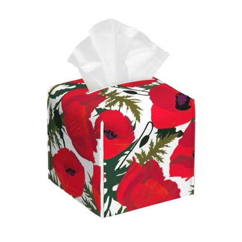 Poppy Flower Pattern Print Tissue Box Cover, Leather Tissue Holder Square Facial Tissue Case For Bathroom, Home Office