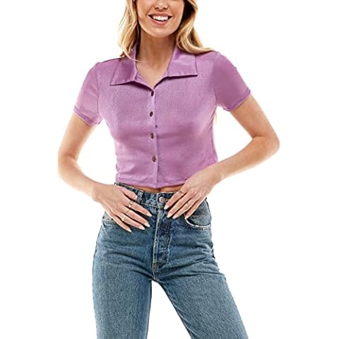 Tulleus Short Sleeve Button Down Collar Crop Blouse Top Shirt Tee for Women Amethyst Orchid S Cover