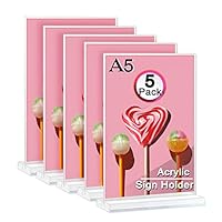 Acrylic Sign Holder A5, Clear Acrylic T Shape Table Top Display Stand, Double Sided for Menu Display, Great for Office Store Restaurant Paper Desk Display (5pcs)