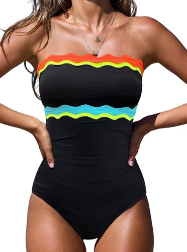 popvil Bandeau Tummy Control One Piece Swimsuits for Women Neon Strapless Bathing Suits